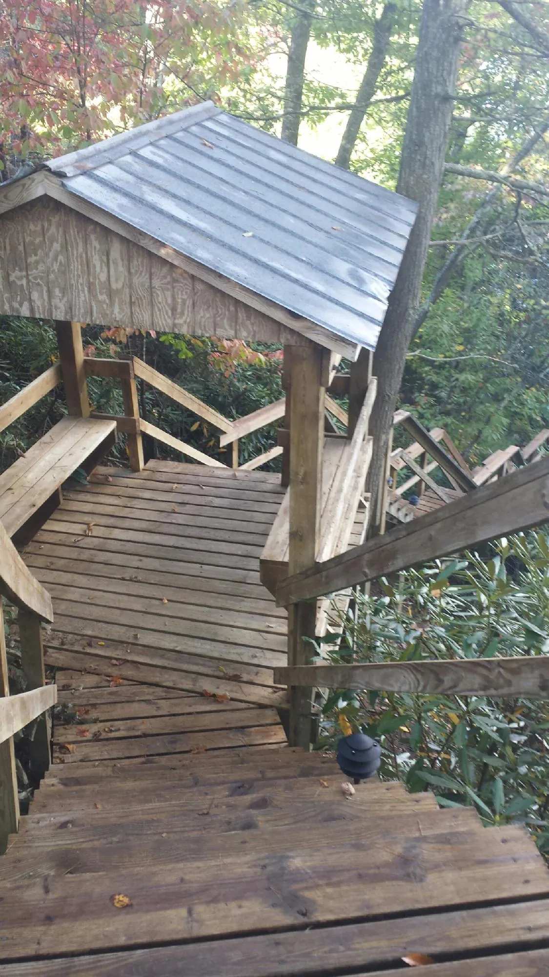 Metal roofed shelter over wooden steps on a wooded walkway — Skylight Repair & Installation work by our crew in Stony Creek